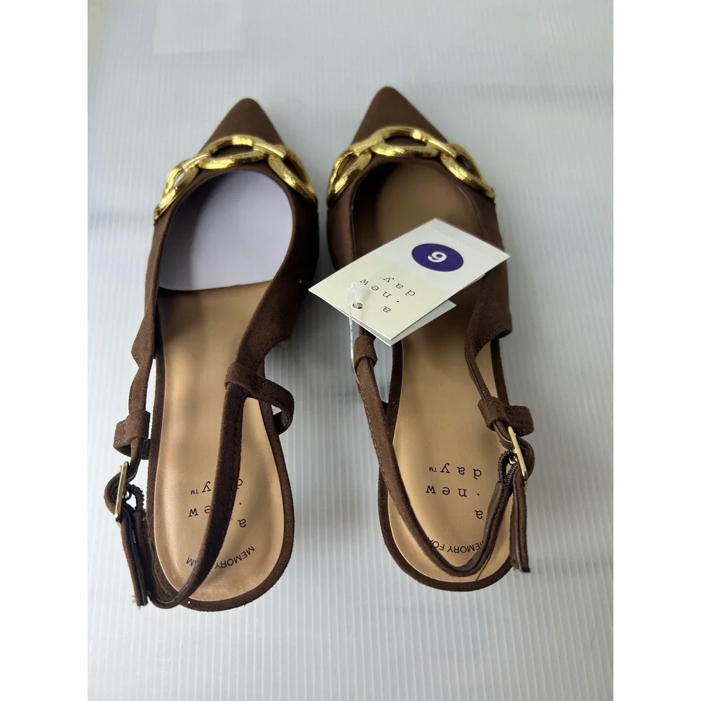 A New Day Brown Slingback Kitten Heels Gold Chain Link Pointed Toe Pumps Size 66